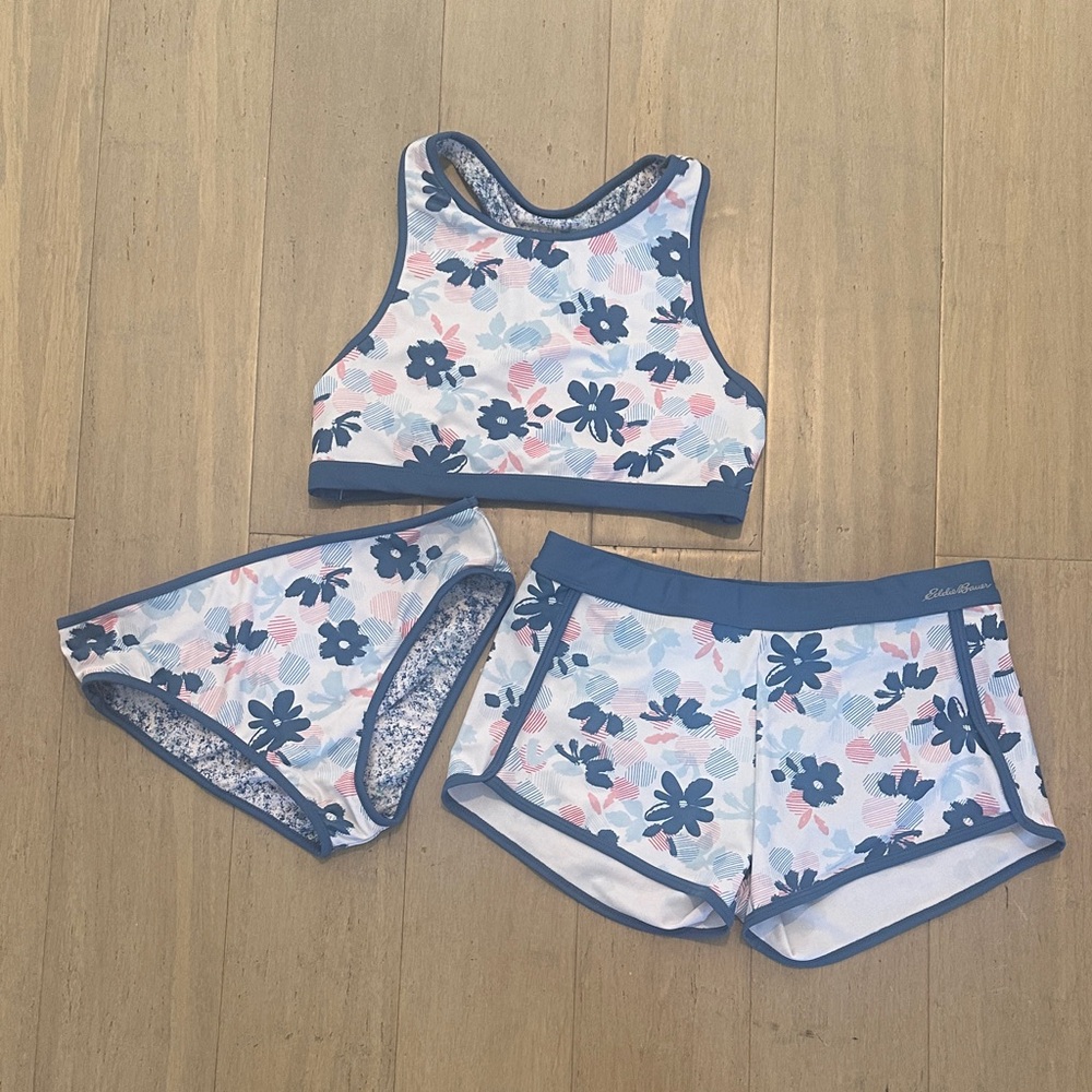Girls' Floral Active 3-Piece Reversible Swim Set in Blue & Pink